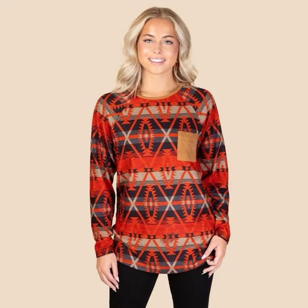 Women’s Red Aztec Print Long Sleeve Top with Tan Pocket